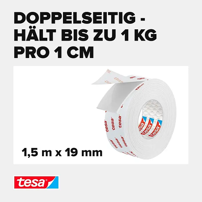 Tesa Montageband - Geeignet für: Tapeten, Belastbarkeit pro m: 10 kg, 1,5 m x 19 mm - Informationsansicht