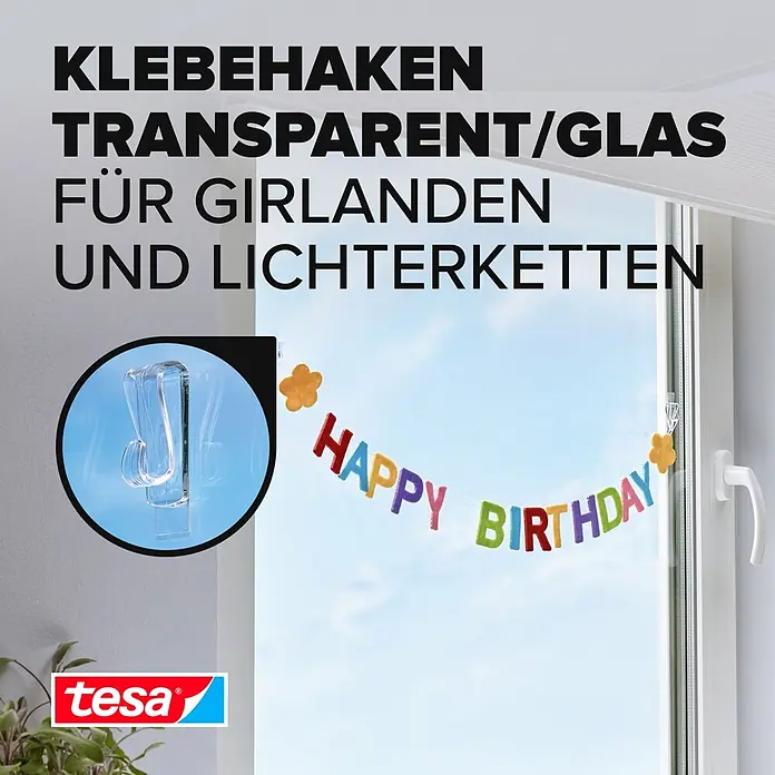 Tesa Klebehaken - Geeignet für: Glas, Belastbarkeit: 1 kg, 2 Stk., Transparent - Informationsansicht