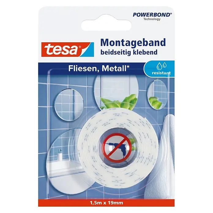 Tesa Montageband - Geeignet für: Fliesen, Feuchtraum, 1,5 m x 19 mm - Vorderansicht
