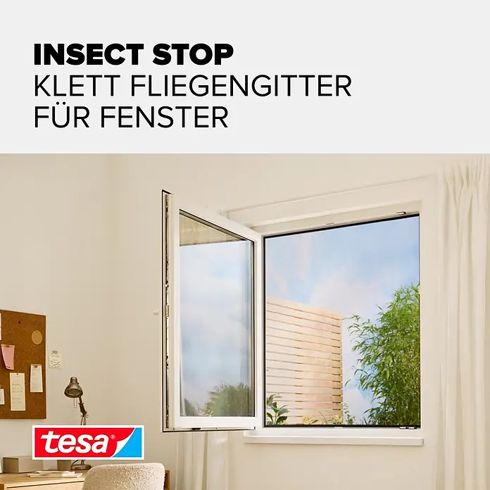 Tesa Insect Stop Insektenschutzfenster Klett - B x H: 130 x 150 cm, Montage Insektengitter: Ankletten, Farbe Netz: Weiß - Tesa Klett-Fliegengitter für Fenster, an einem geöffneten Fenster montiert, schützt effektiv vor Insekten.