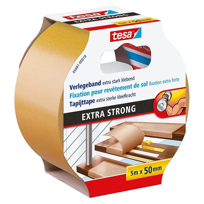 Tesa Verlegeband - 5 m x 50 mm, Beidseitig selbstklebend, Geeignet für: Fußbodenheizung - Diagonale Ansicht