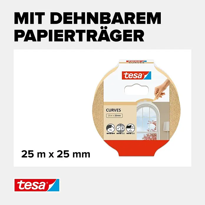 Tesa Malerband für Rundungen - 25 m x 25 mm - Tesa Curves Abdeckband (25m x 25mm) mit dehnbarem Papierträger, für präzise Kurven.