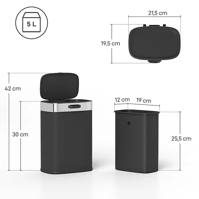 Homcom Standard-Mülleimer zum Einhängen - 5 l, Edelstahl, Schwarz
