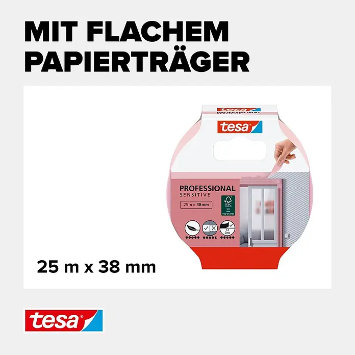 Tesa Malerband Tapeten - 25 m x 38 mm - Tesa Professional Sensitive Malerband, 25m x 38mm, mit flachem Papierträger für empfindliche Oberflächen.