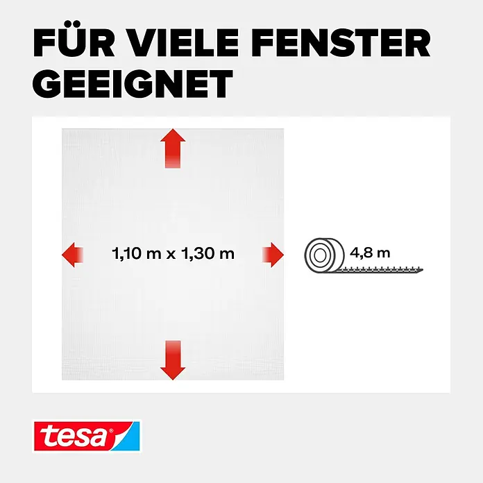 Tesa Insect Stop Insektenschutzfenster Klett - B x H: 110 x 130 cm, Montage Insektengitter: Ankletten - Weißes Insektenschutzgitter (1,10m x 1,30m) mit 4,8m Klebeband. Für viele Fenster geeignet.