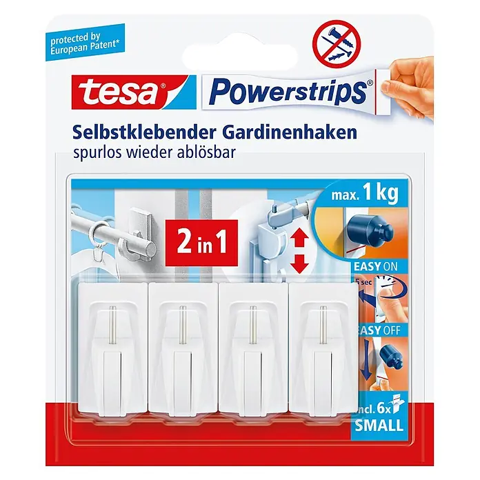 Tesa Powerstrips Gardinenhaken Vario - Weiß, Größe: S, 4 Stk. - Vorderansicht