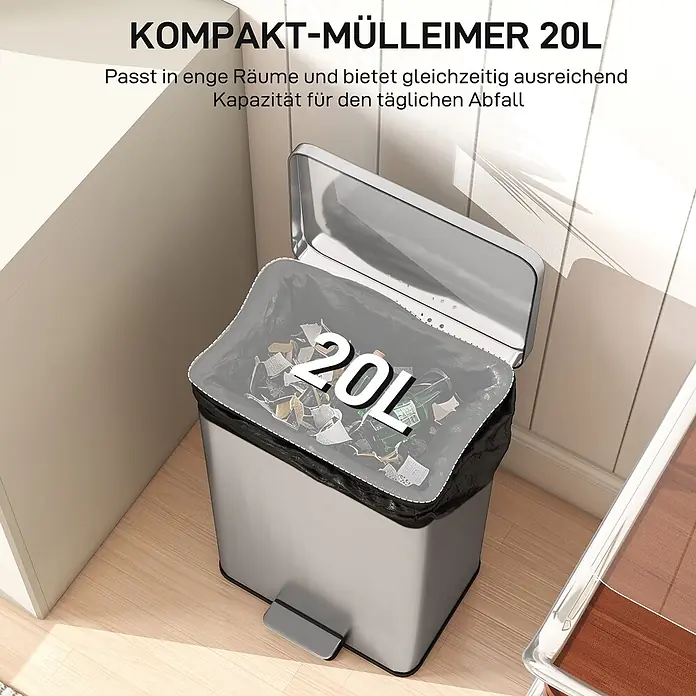 Homcom Treteimer Treteimer mit Softclose-Deckel - 20 l, Edelstahl, Silber