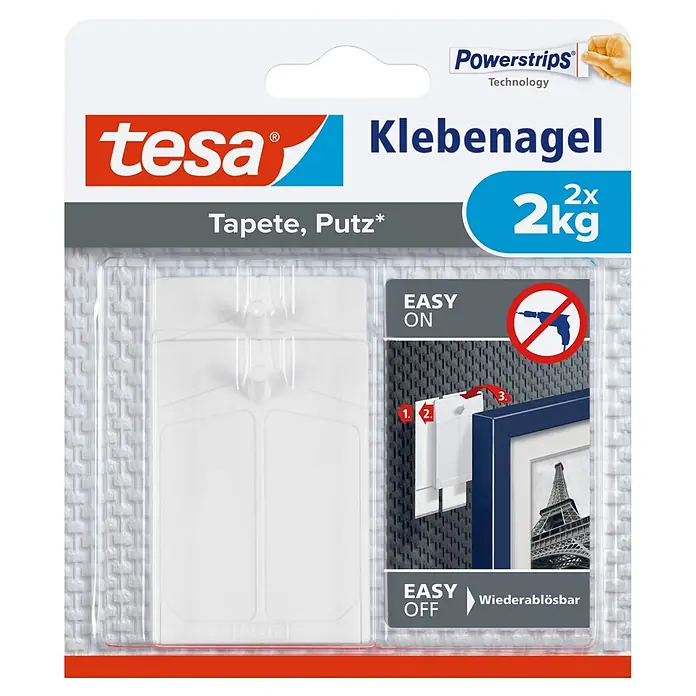 Tesa Klebenagel - Geeignet für: Tapeten, Belastbarkeit: 2 kg, 2 Stk., Weiß - Informationsansicht