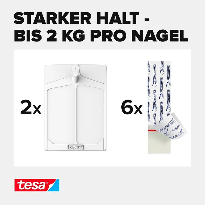 Tesa Klebenagel - Geeignet für: Tapeten, Belastbarkeit: 2 kg, 2 Stk., Weiß - Informationsansicht