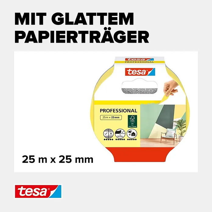 Tesa Profi-Malerband Innen - 25 m x 25 mm - Gelbe tesa PROFESSIONAL Abdeckbandrolle, 25m x 25mm, mit glattem Papierträger.