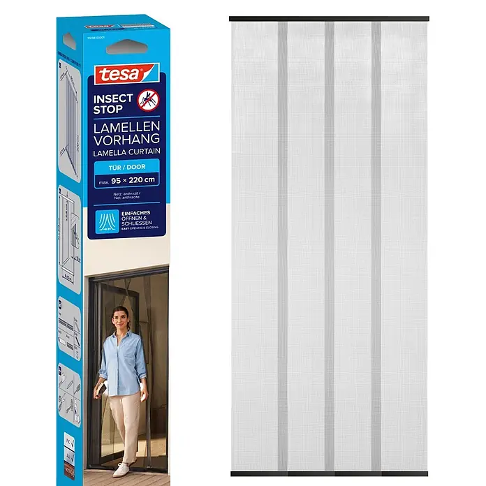 Tesa Insect Stop Insektenschutzgitter Lamellenvorhang - B x H: 95 x 220 cm, Montage Insektengitter: Ankletten - Tesa Insect Stop Lamellen-Türvorhang, anthrazit, max. 95x220cm, in Verpackung und als aufgehängter Sichtschutz.