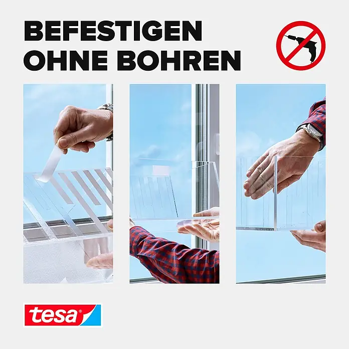 Tesa Montageband - Geeignet für: Glas, Belastbarkeit pro m: 20 kg, 1,5 m x 19 mm - Informationsansicht