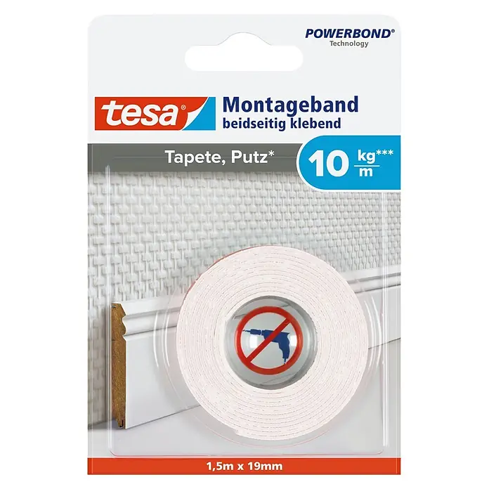 Tesa Montageband - Geeignet für: Tapeten, Belastbarkeit pro m: 10 kg, 1,5 m x 19 mm - Vorderansicht