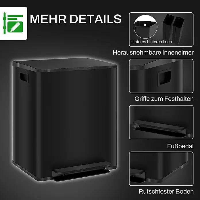 Homcom Treteimer mit Softclose-Deckel - 50 l, Edelstahl, Schwarz