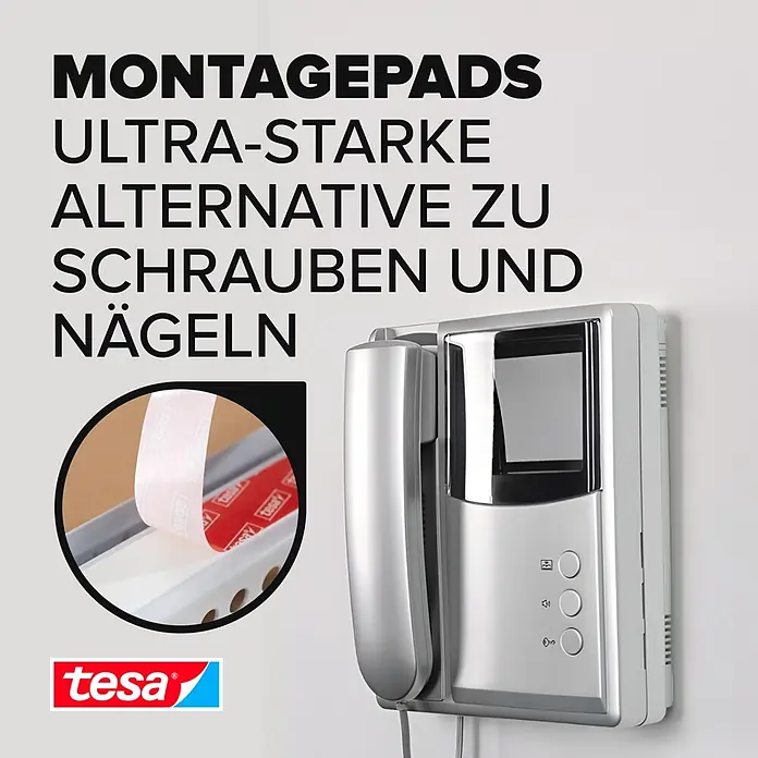 Tesa Powerbond Montagepads Ultra Strong - 9 Stk. - Tesa Montagepads: ultrastarke Alternative zu Schrauben und Nägeln, hier gezeigt mit einer an der Wand befestigten Gegensprechanlage.