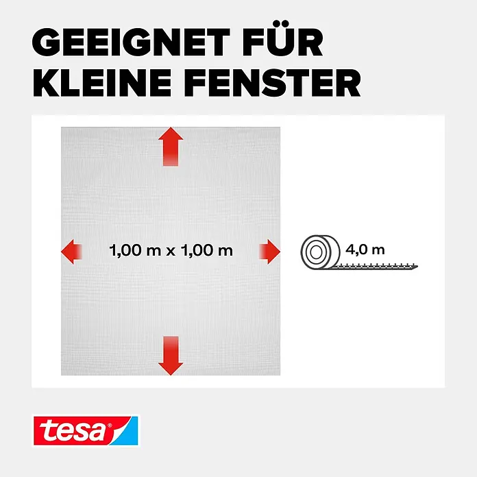 Tesa Insect Stop Insektenschutzfenster Klett - B x H: 1 x 1 m, Farbe Netz: Anthrazit, Montage Insektengitter: Ankletten - Weißes Fliegengitter (1x1m) mit 4m Klebestreifen, geeignet für kleine Fenster.