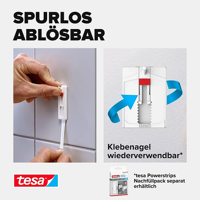 Tesa Verstellbarer Klebenagel - Geeignet für: Fliesen, Belastbarkeit: 4 kg, 2 Stk., Weiß - Informationsansicht