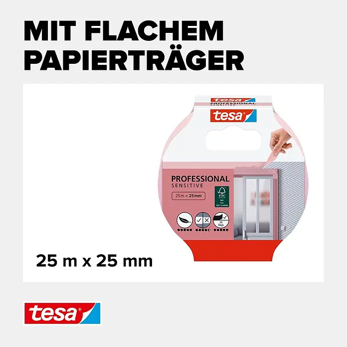 Tesa Malerband Tapeten - 25 m x 25 mm - Tesa Professional Sensitive Abdeckband mit flachem Papierträger, 25 m x 25 mm.