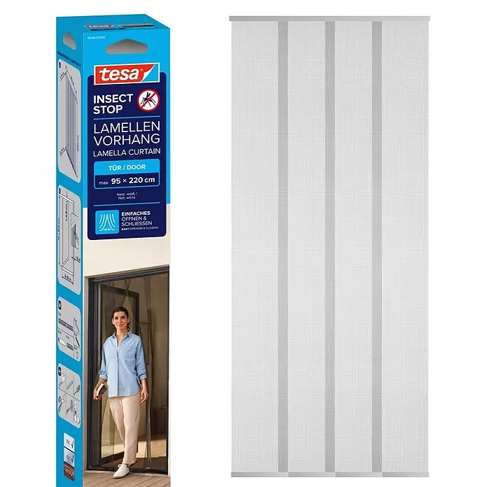 Tesa Insect Stop Insektenschutzgitter Lamellenvorhang - B x H: 95 x 220 cm, Montage Insektengitter: Ankletten - Weißer Tesa Insect Stop Lamellen Vorhang für Türen, max. 95 x 220 cm, mit einfachem Öffnen und Schließen.