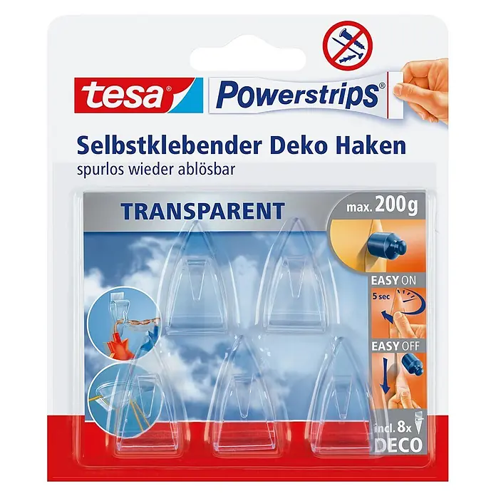 Tesa Powerstrips Klebehaken - 5 Stk., Transparent - Vorderansicht