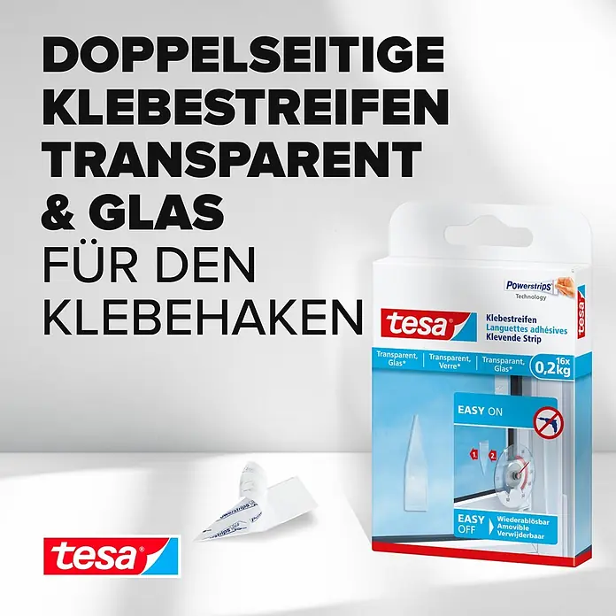 Tesa Klebestreifen - Geeignet für: Glas, Belastbarkeit: 0,2 kg, 16 Stk., Transparent - Informationsansicht