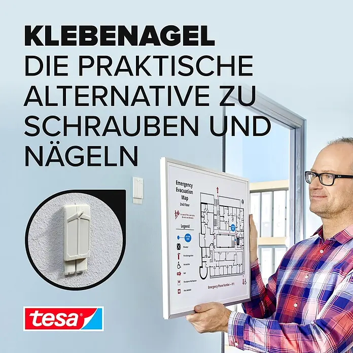 Tesa Klebenagel - Geeignet für: Tapeten, Belastbarkeit: 2 kg, 2 Stk., Weiß - Informationsansicht