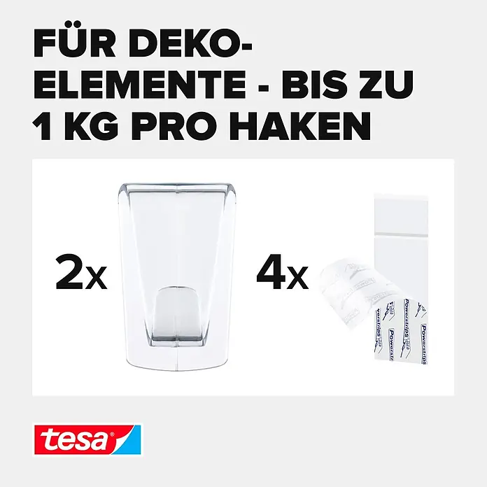 Tesa Klebehaken - Geeignet für: Glas, Belastbarkeit: 1 kg, 2 Stk., Transparent - Informationsansicht
