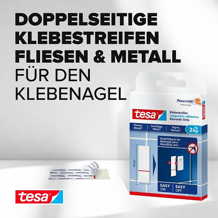 Tesa Klebestreifen - Geeignet für: Fliesen, Belastbarkeit: 2 kg, 9 Stk., Weiß - Informationsansicht