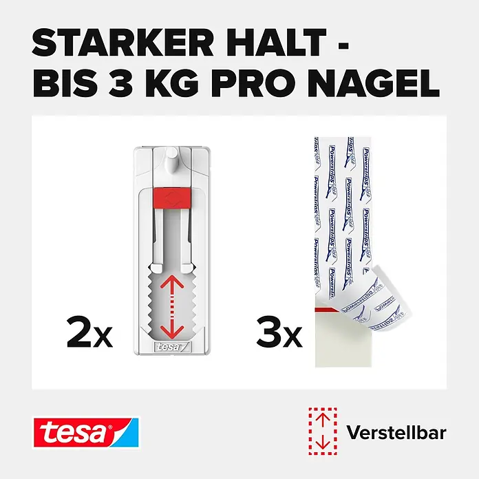Tesa Verstellbarer Klebenagel - Geeignet für: Fliesen, Belastbarkeit: 3 kg, 2 Stk., Weiß - Informationsansicht