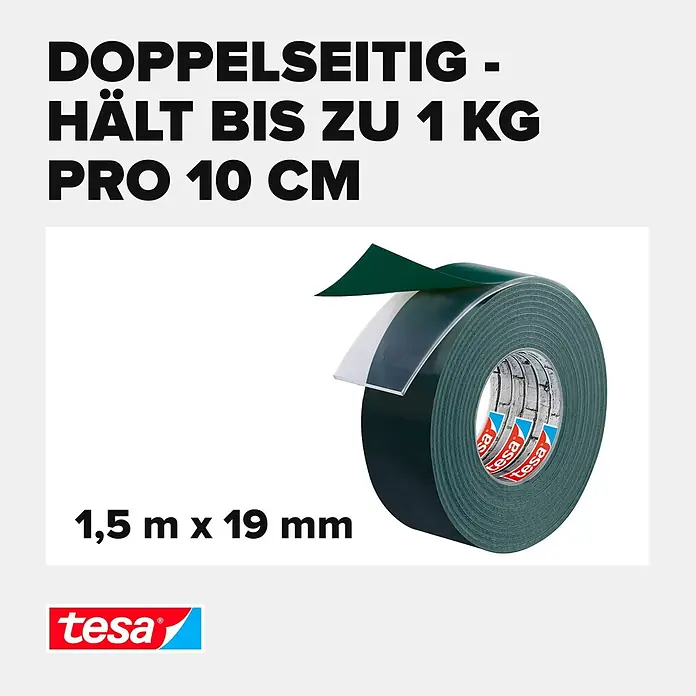 Tesa Montageband - Geeignet für: Mauerwerk, Belastbarkeit pro m: 10 kg, 1,5 m x 19 mm - Informationsansicht