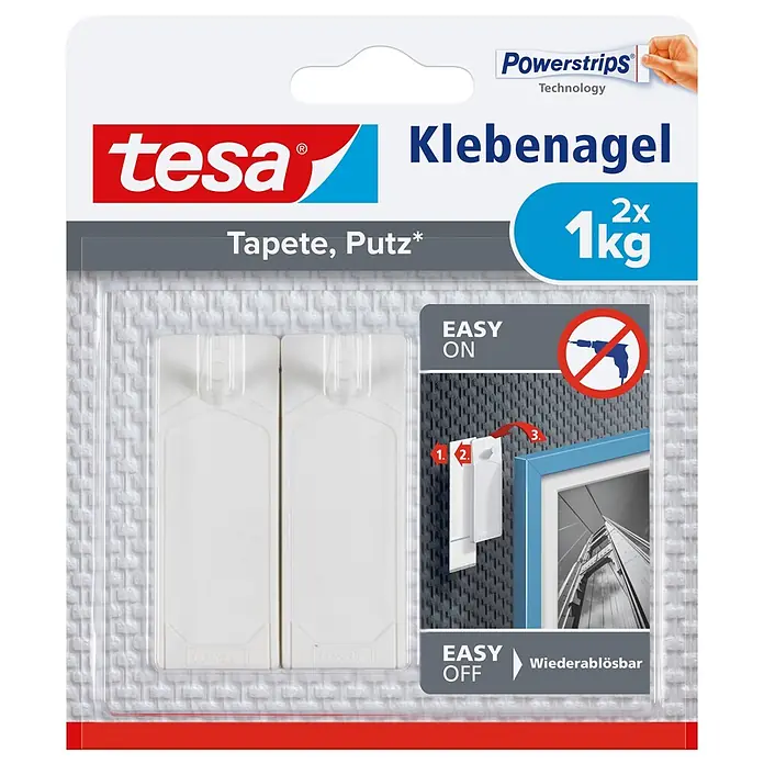 Tesa Klebenagel - Geeignet für: Tapeten, Belastbarkeit: 1 kg, 2 Stk., Weiß - Informationsansicht