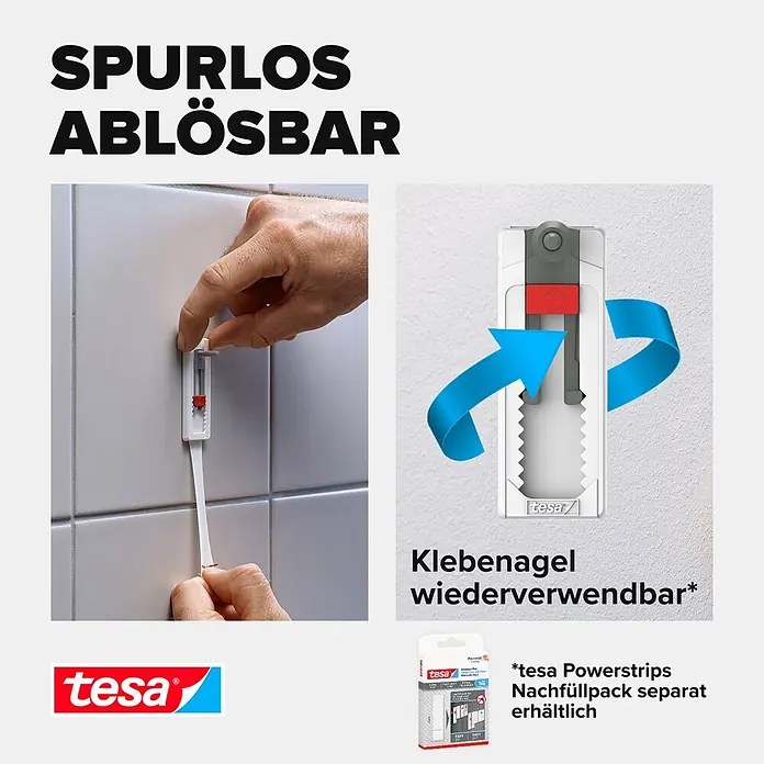 Tesa Verstellbare Klebeschraube - Geeignet für: Fliesen, Belastbarkeit: 3 kg, 2 Stk., Weiß - Informationsansicht