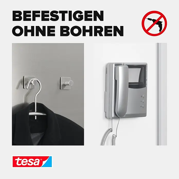 Tesa Powerbond Montagepads Ultra Strong - 9 Stk. - tesa Befestigungslösungen: Ein Garderobenhaken und ein Knopf auf Metall montiert, eine Sprechanlage an einer Wand, alles ohne Bohren.
