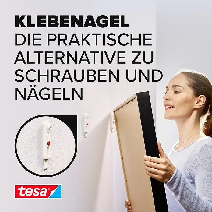 Tesa Verstellbarer Klebenagel - Geeignet für: Tapeten, Belastbarkeit: 1 kg, 2 Stk., Weiß - Informationsansicht