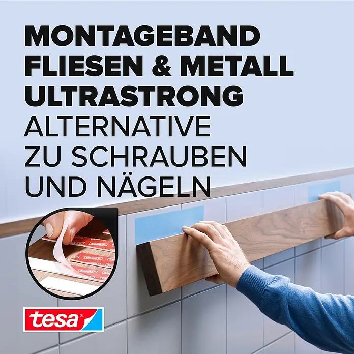 Tesa Montageband - Geeignet für: Fliesen, Belastbarkeit pro m: 100 kg, 1,5 m x 19 mm - Informationsansicht