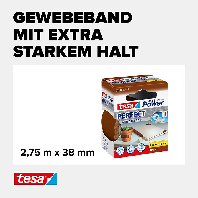 Tesa Extra Power Gewebeband PERFECT - Braun, 2,75 m x 38 mm - Informationsansicht