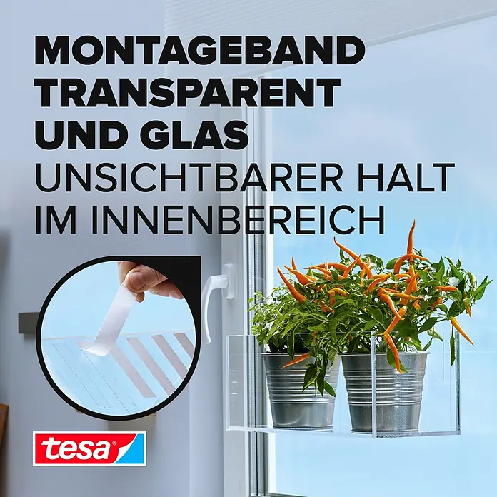 Tesa Montageband - Geeignet für: Glas, Belastbarkeit pro m: 20 kg, 1,5 m x 19 mm - Informationsansicht