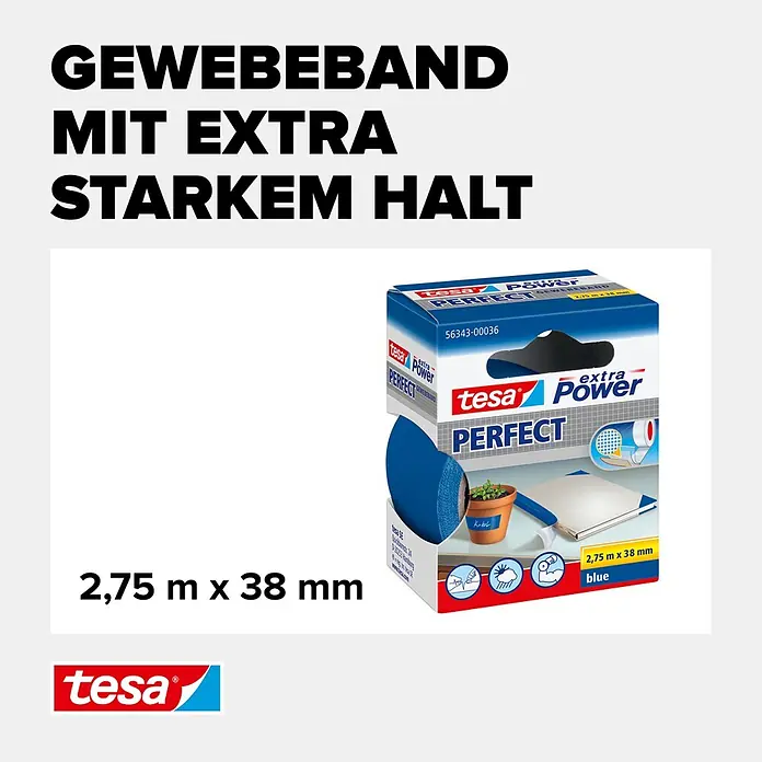 Tesa Extra Power Gewebeband PERFECT - Blau, 2,75 m x 38 mm - Informationsansicht