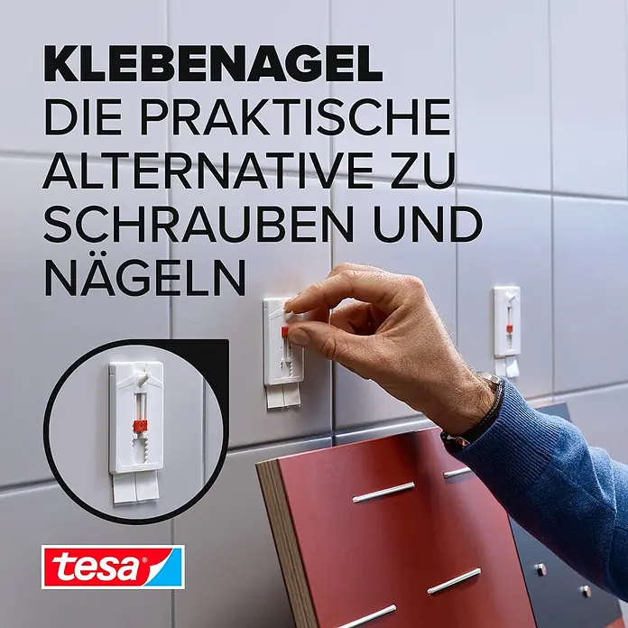 Tesa Verstellbarer Klebenagel - Geeignet für: Fliesen, Belastbarkeit: 4 kg, 2 Stk., Weiß - Informationsansicht