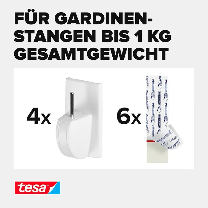Tesa Powerstrips Gardinenhaken Vario - Weiß, Größe: S, 4 Stk. - Informationsansicht