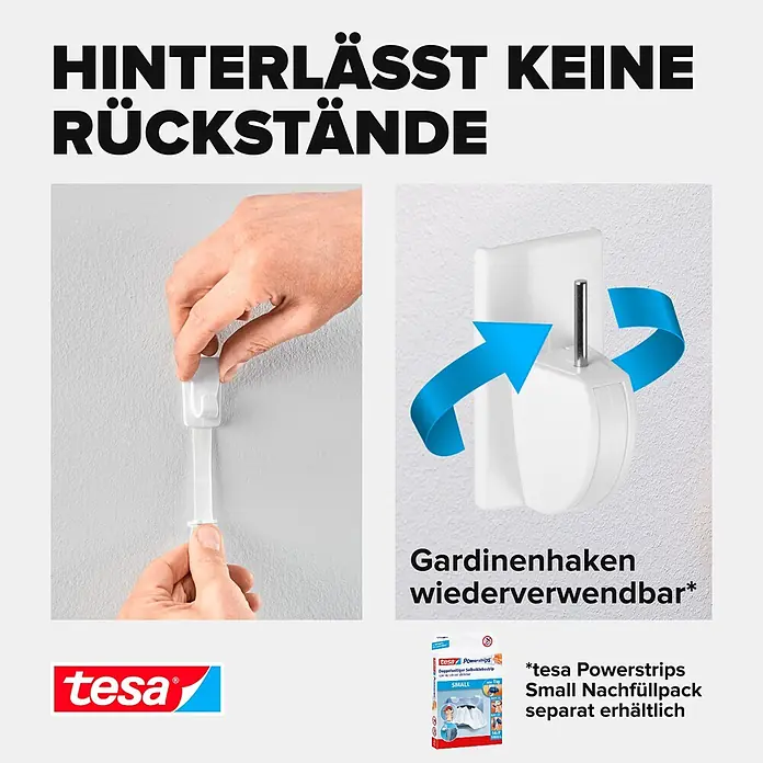 Tesa Powerstrips Gardinenhaken Vario - Weiß, Größe: S, 4 Stk. - Informationsansicht