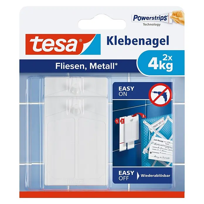 Tesa Klebenagel - Geeignet für: Fliesen, Belastbarkeit: 4 kg, 2 Stk., Weiß - Vorderansicht