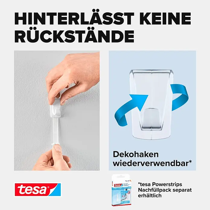 Tesa Powerstrips Klebehaken - Selbstklebend, Transparent, Größe: XL, 2 Stk. - Informationsansicht