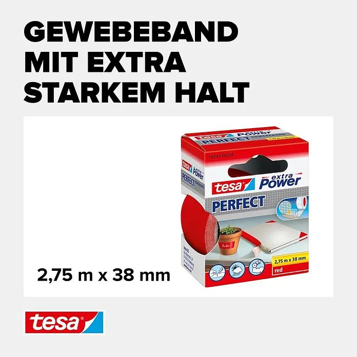 Tesa Extra Power Gewebeband PERFECT - Rot, 2,75 m x 38 mm - Informationsansicht