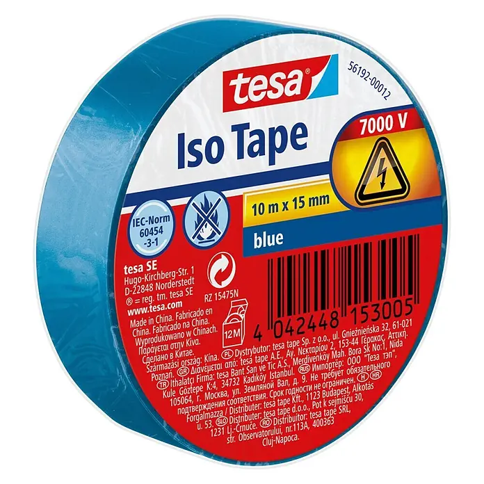 Tesa Isolierband Iso Tape - Blau, 10 m x 15 mm - Diagonale Ansicht