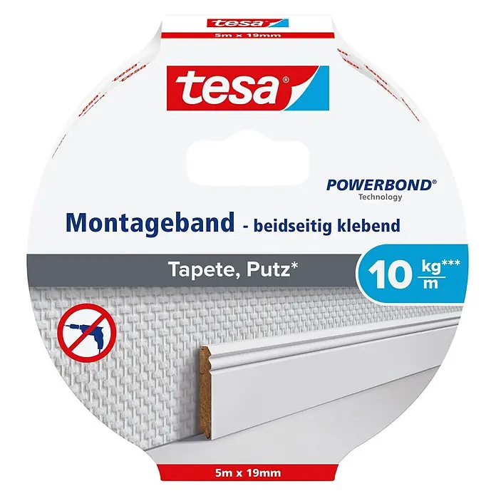 Tesa Powerbond Montageband für Tapete und Putz - L x B: 5 m x 19 mm - Vorderansicht