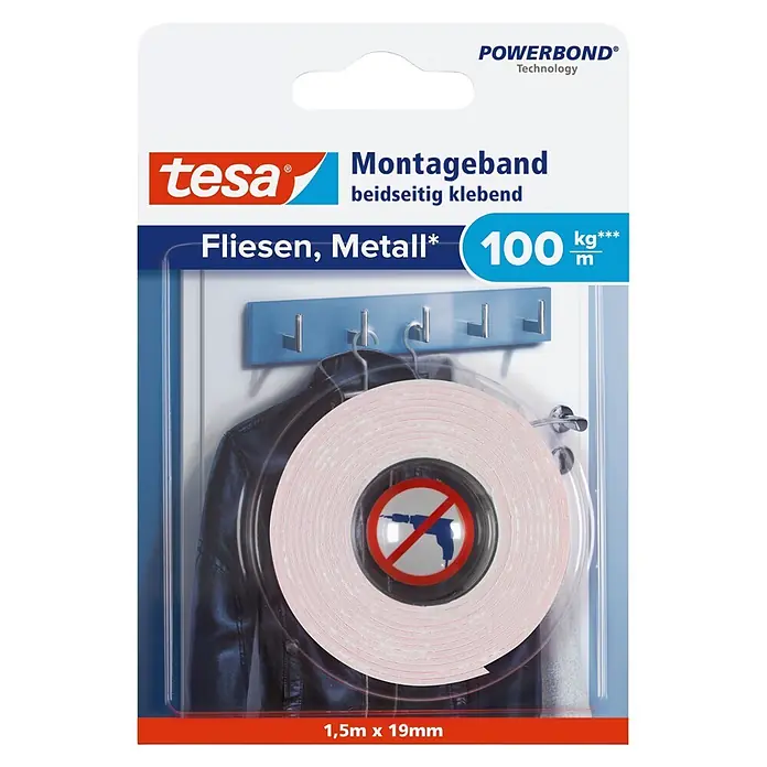 Tesa Montageband - Geeignet für: Fliesen, Belastbarkeit pro m: 100 kg, 1,5 m x 19 mm - Vorderansicht