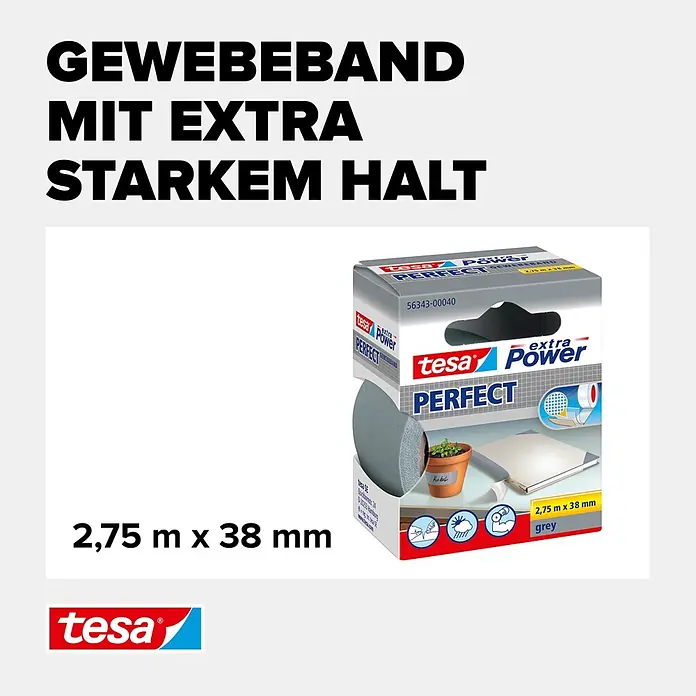 Tesa Extra Power Gewebeband PERFECT - Grau, 2,75 m x 38 mm - Informationsansicht