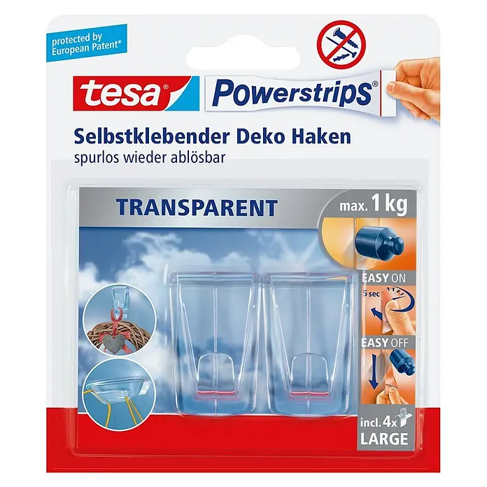 Tesa Powerstrips Klebehaken - Selbstklebend, Transparent, Größe: XL, 2 Stk. - Vorderansicht