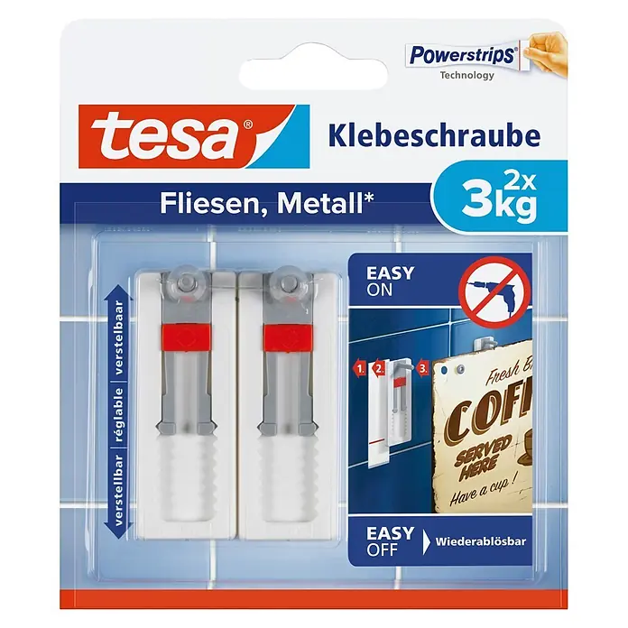 Tesa Verstellbare Klebeschraube - Geeignet für: Fliesen, Belastbarkeit: 3 kg, 2 Stk., Weiß - Vorderansicht